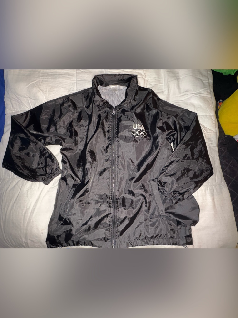 Vintage Men’s Medium USA Olympic Black Windbreaker Jacket with Olympic Rings